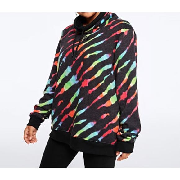 PINK Victoria’s Secret Hoodie Womens XL Black Rainbow Tie Dye Pullover Fleece - Picture 1 of 6